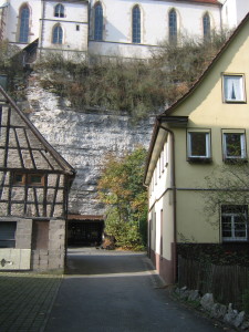 The entrance to the Atomkellar at the bottom of the ravine below the church