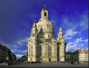 The rebuilt Frauenkirche with statue of Martin Luther in lower left